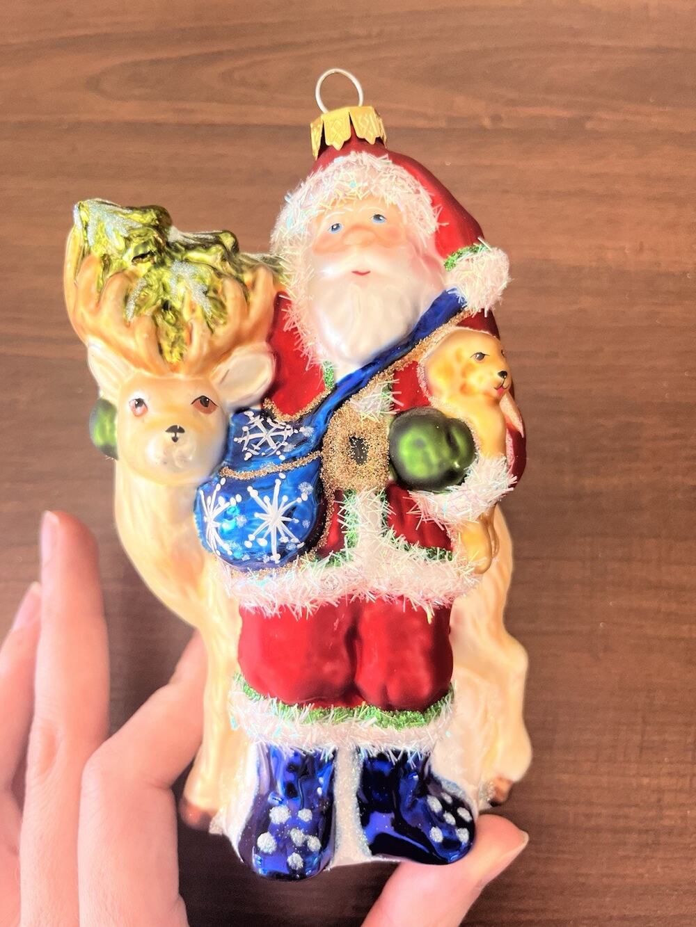 Vintage Glass Christmas Ornament Santa And Deer With Texture Hand Painted